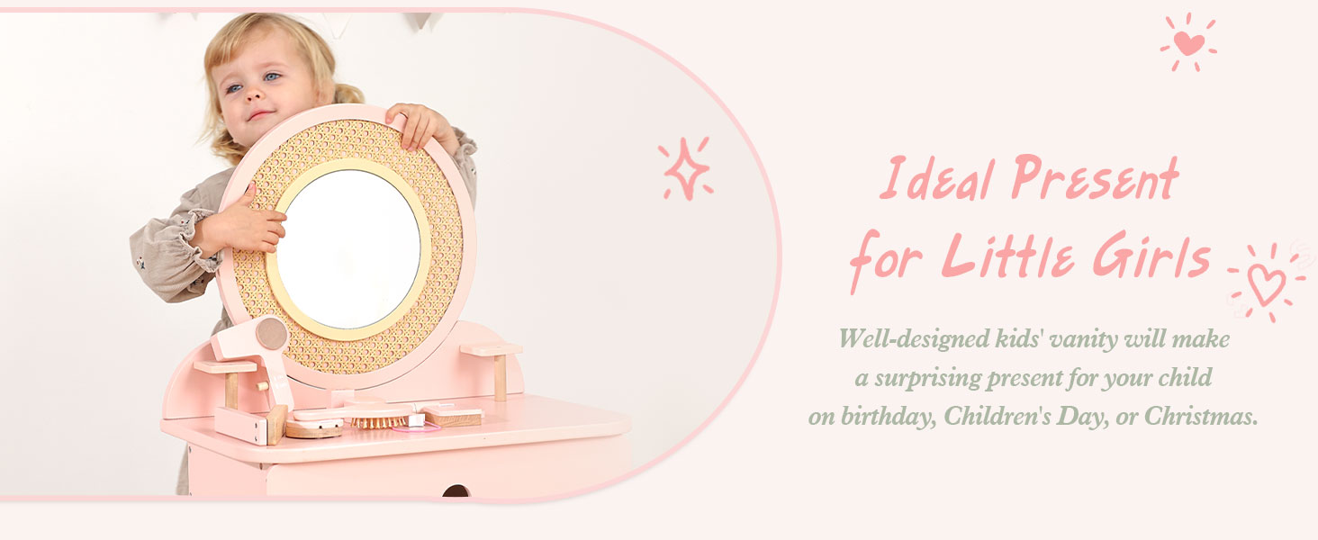 Дитячий туалетний столик OOOK для дівчаток з дзеркалом та табуретом, рожевий, з дерева