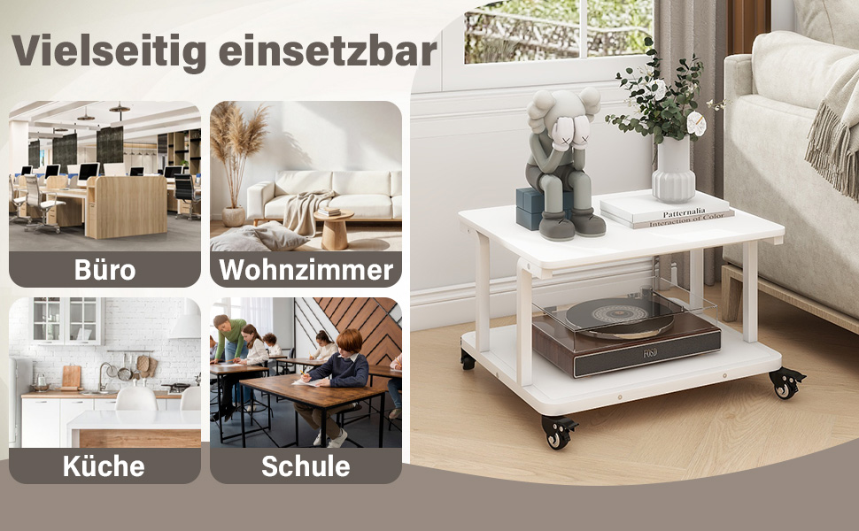 Стіл для принтера PUNCIA з 2 рівнями, мобільний, 60x50 см, білий. Підходить для принтера, сканера, копіювальника.