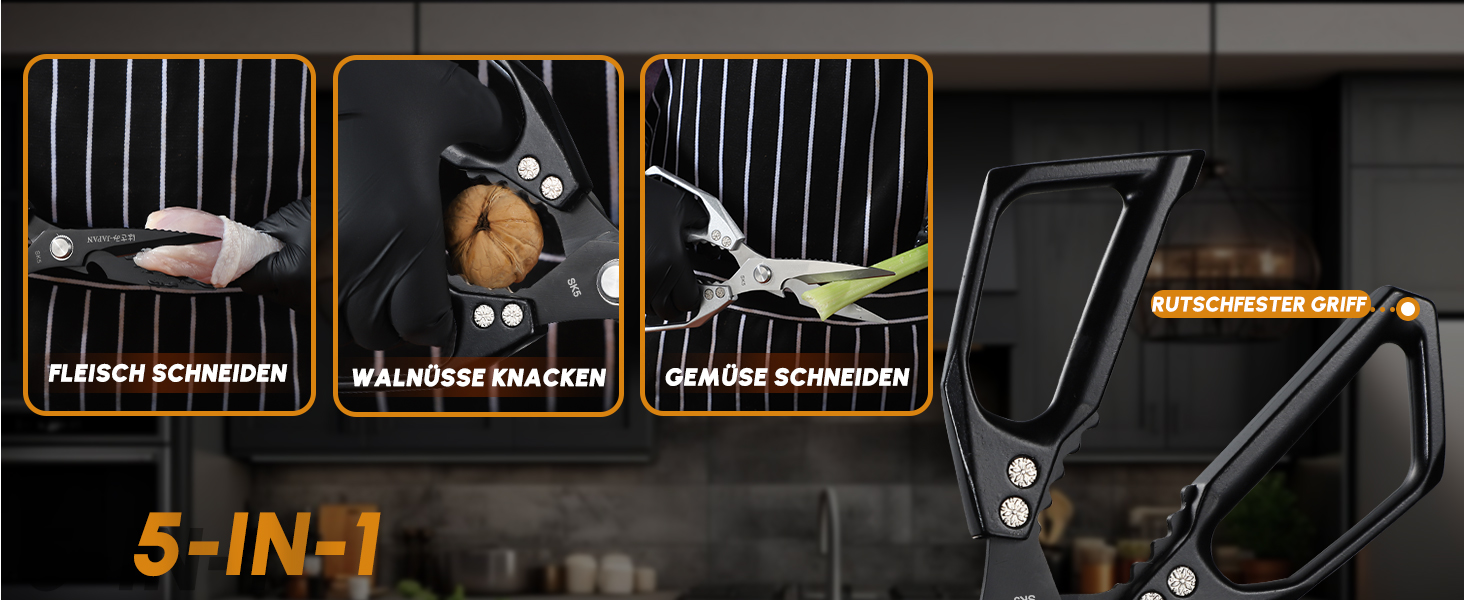 Набір кухонних ножиць Dream Reach Silver: універсальні ножиці з нержавіючої сталі для м'яса, птиці, риби та овочів (Чорний & Чорний)