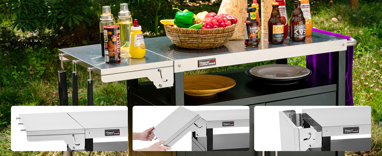 Royal Gourmet Grillwagen: гриль-візок з відкидним столиком, шафкою та нержавіючою сталевою поверхнею