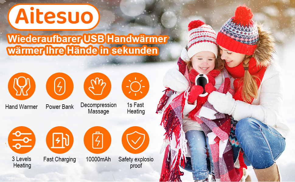 Електричний грілка для рук USB з акумулятором 10000mAh, 3 режими температури, для жінок та чоловіків, Outdoor, чорний