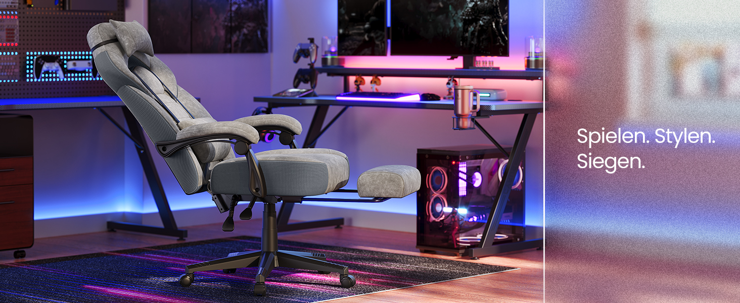 Ігрове крісло SONGMICS ергономічне офісне крісло для комп'ютера з підставкою для ніг, регульованою подушкою під голову та попереком, навантаження до 150 кг, сіро-грижеве штучне замша-шкіра OBG077G01