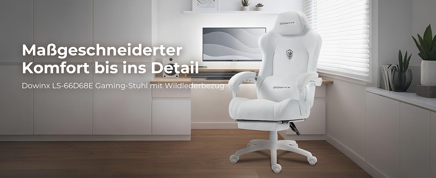 Ігровий крісло Dowinx з регульованою висотою масажного поперекового підтримувача, ергономічний дизайн, м'яка мікрофібра велюр, посилене сидіння, підголовник та підніжка в комплекті, регулювання на 155°, (Білий, Титан)