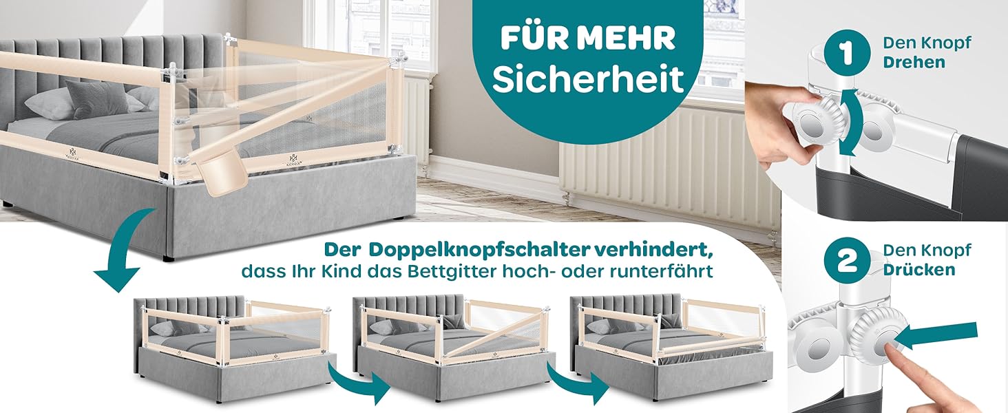 Захисний бортик для ліжка KESSER® 150 см, сітчастий, складаний та регульований по висоті, захист від випадання для дітей та немовлят, бежевий