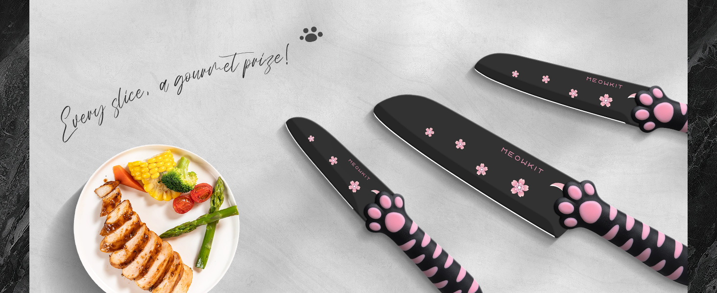 Набір кухонних ножів MEOWKIT 5 шт. з підставкою, нержавіюча сталь, набір ножів у формі котів, чорний/рожевий