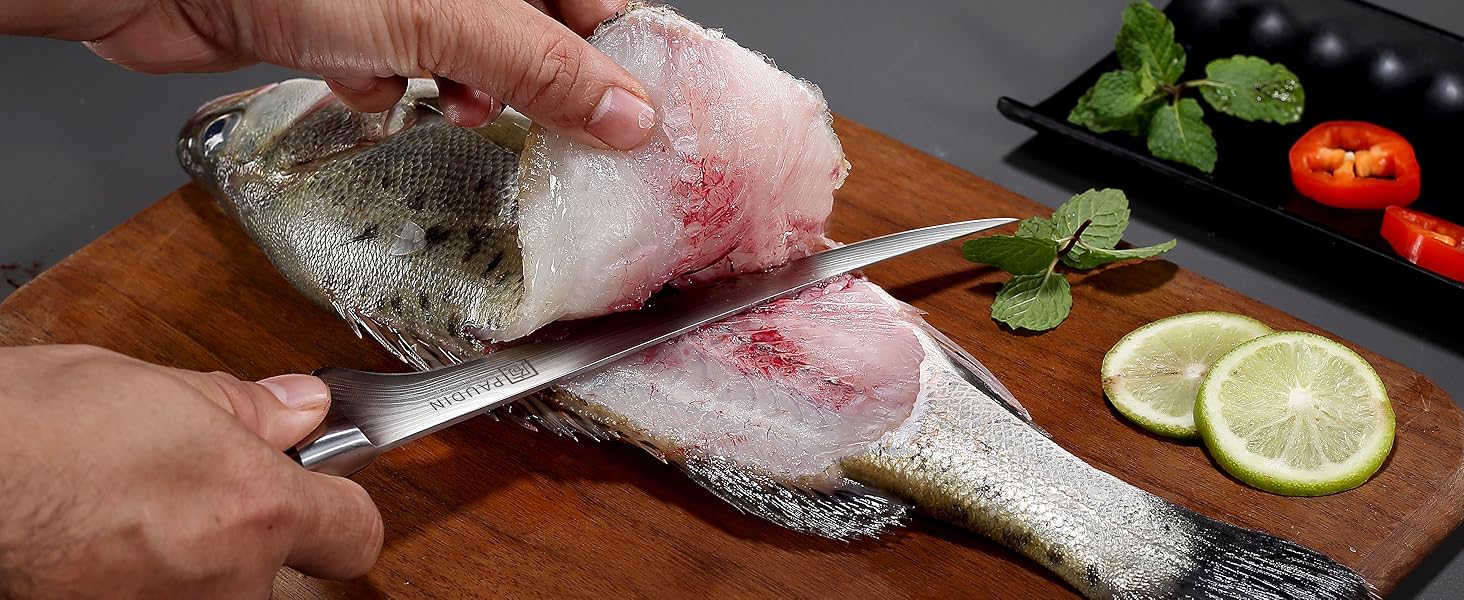 Ніж сантоку PAUDIN з дамаської сталі, 13 см - професійний кухонний ніж для кухні, надзвичайно гострий, з високоякісної нержавіючої сталі та ергономічною ручкою G10 (рибний ніж 18 см)