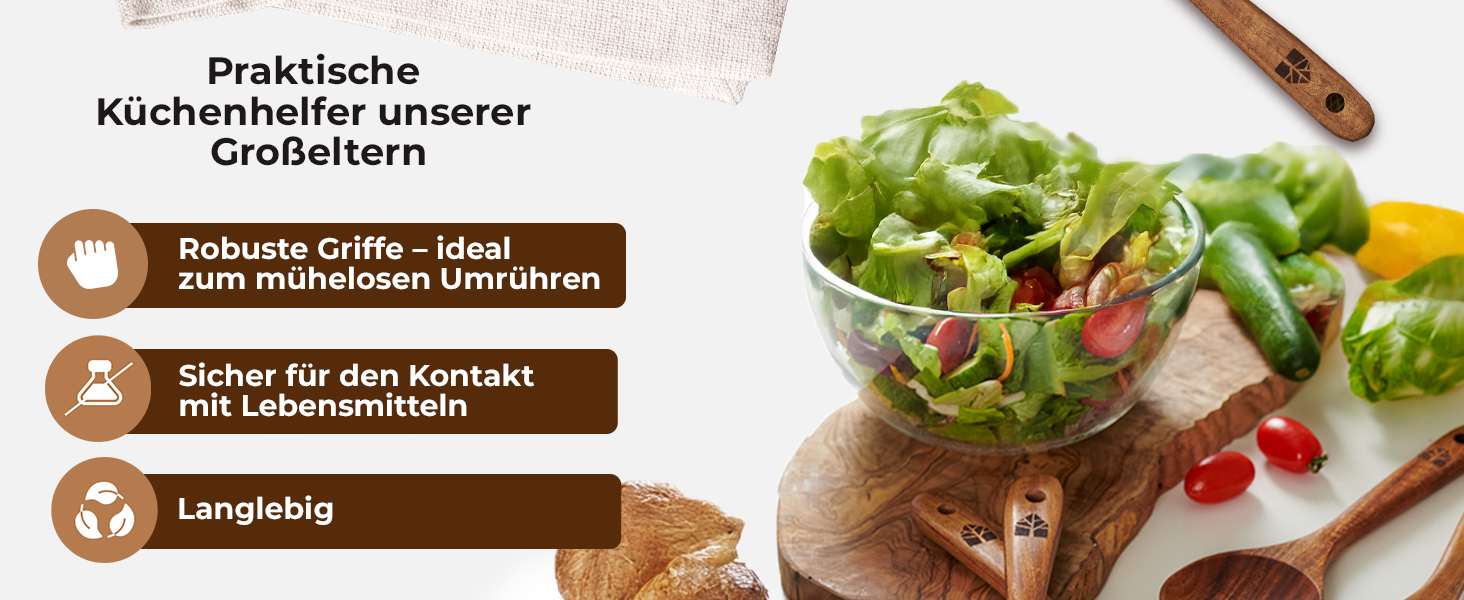 Дерев'яні лопатки для кухні - набір з 6 шт. з текового дерева (лопатки та лопатка для смаження) - натуральні, для антипригарного посуду, стійкі до високих температур