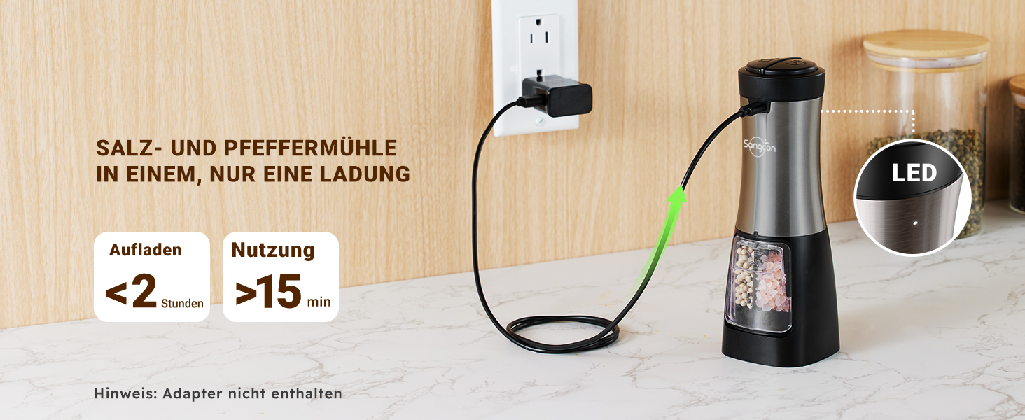 Електричний набір млинків для солі та перцю 2 в 1 Sangcon, USB-зарядка, автоматичний помол однією рукою, керамічні жернова з підсвічуванням, колір Metallic Gunmetal