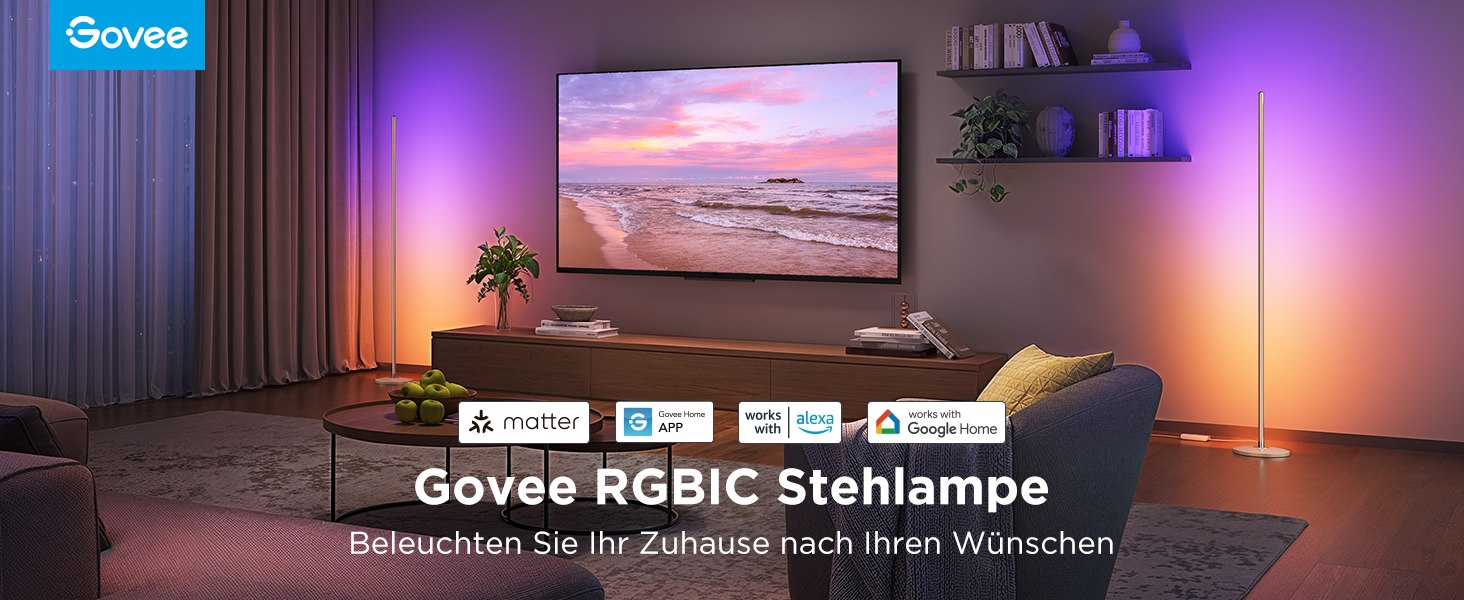 Розумна RGBIC LED торшерна лампа Govee для вітальні, WiFi підсвітка 1000лм з регулюванням яскравості, золотиста (набір 2 шт)