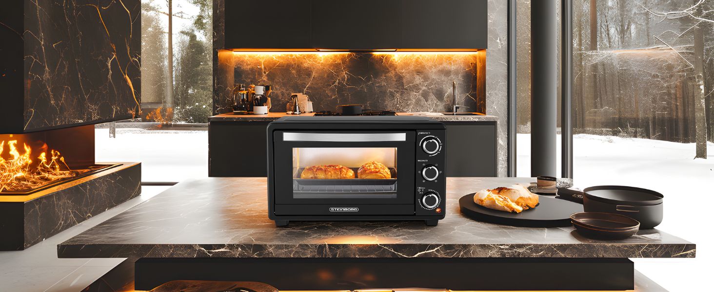 Міні-піч Steinborg 25 л з конвекцією: піч, піца, хліб. Таймер, 100-230°C, зйомний піддон. Економне споживання енергії