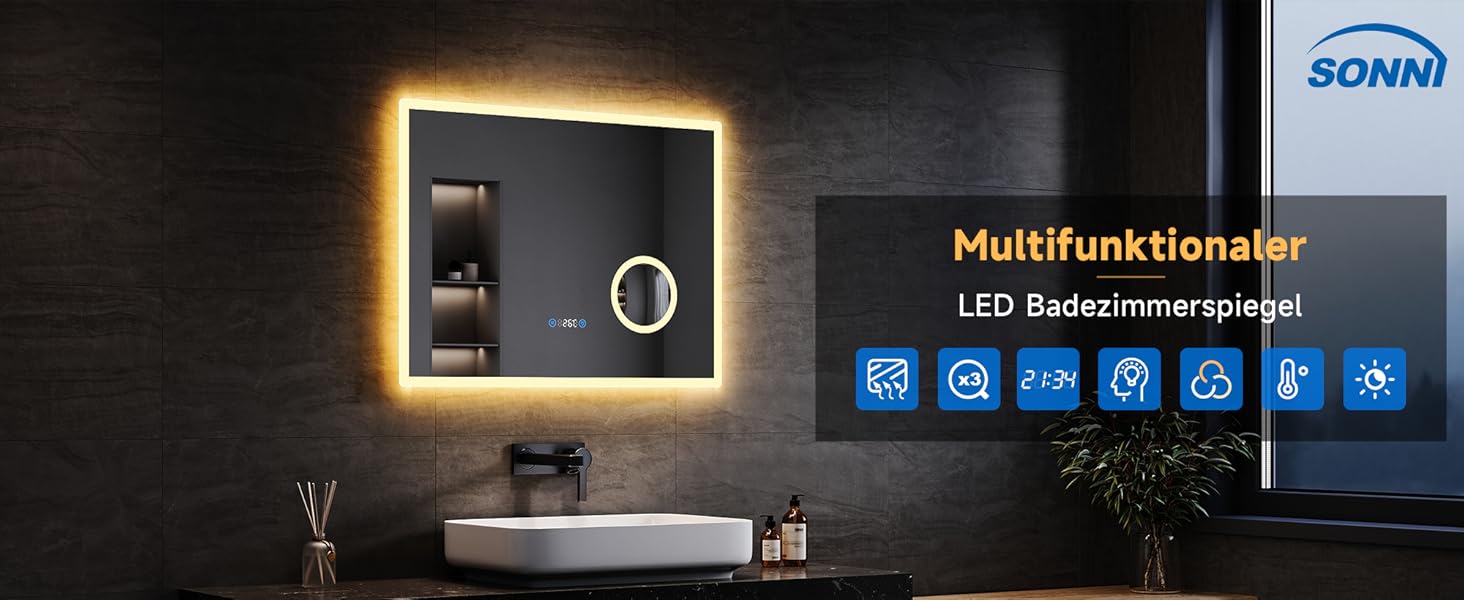 Дзеркало для ванної кімнати SONNI з підсвічуванням 80x60 см, 3 кольори світла, проти запотівання, LED, сенсорне керування, годинник, температура, 3-кратне збільшення