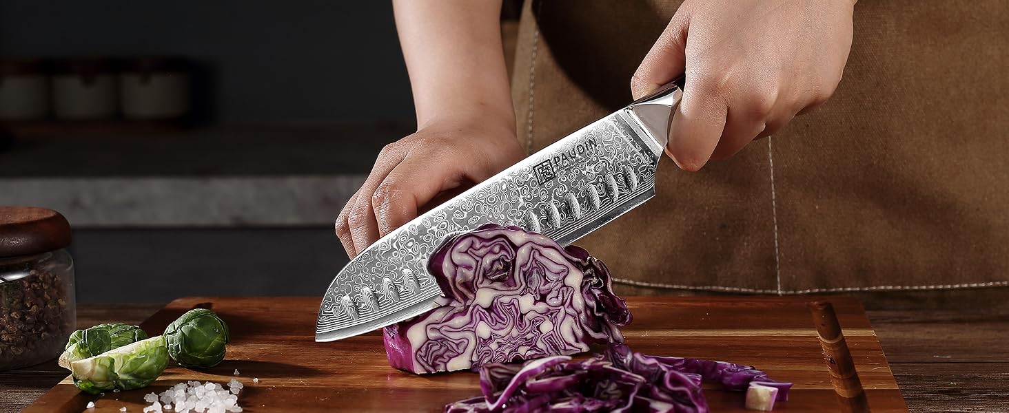 PAUDIN Сантоку ніж з дамаської сталі 17 см, професійний кухонний ніж з VG10 серцем, ергономічна ручка G10