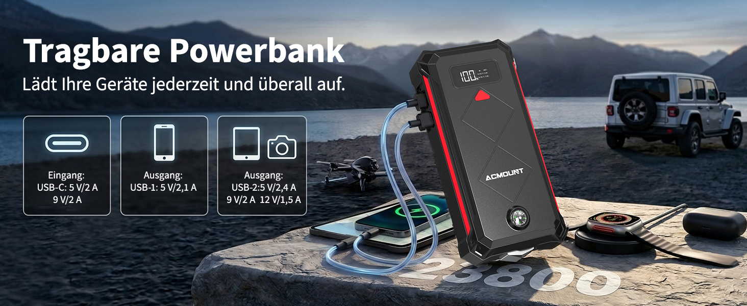 Бустер-пусковий пристрій Acmount P110 7000A Jump Starter для авто, SUV, мотоциклів та газонокосарок (бензин до 12л, дизель до 10л) з LED-ліхтарем, компасом та аварійним молотком, червоний
