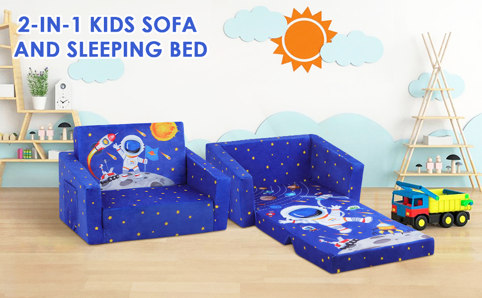Дитяче крісло-диван 2 в 1 з тканиною, що складається, та неслизьким подушкою, для спальні, вітальні, ігрової кімнати (Астронавт)