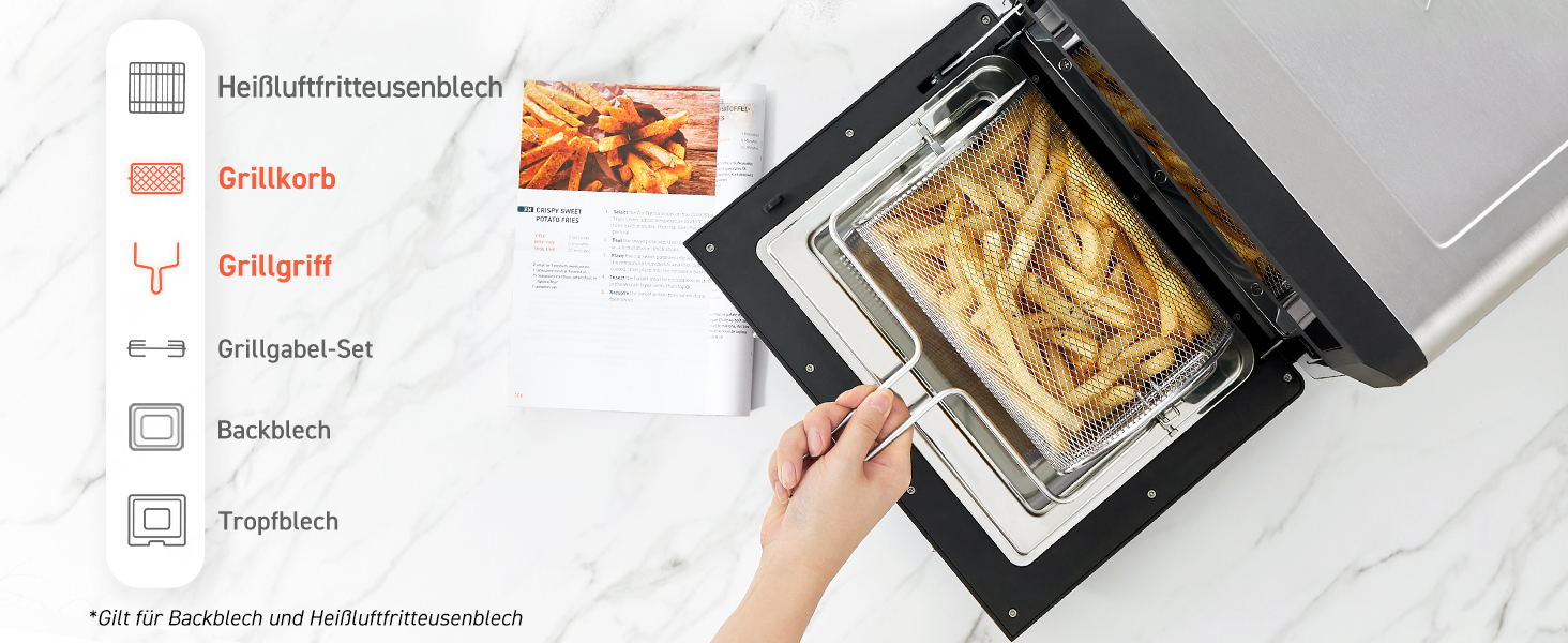 Фритюрниця повітряна COSORI 12L з 11 функціями, сушка, ферментація, подвійне нагрівання, вікно огляду, Airfryer XXL, міні-піч, рецепти, 7 аксесуарів, 220°C, срільно-чорний колір