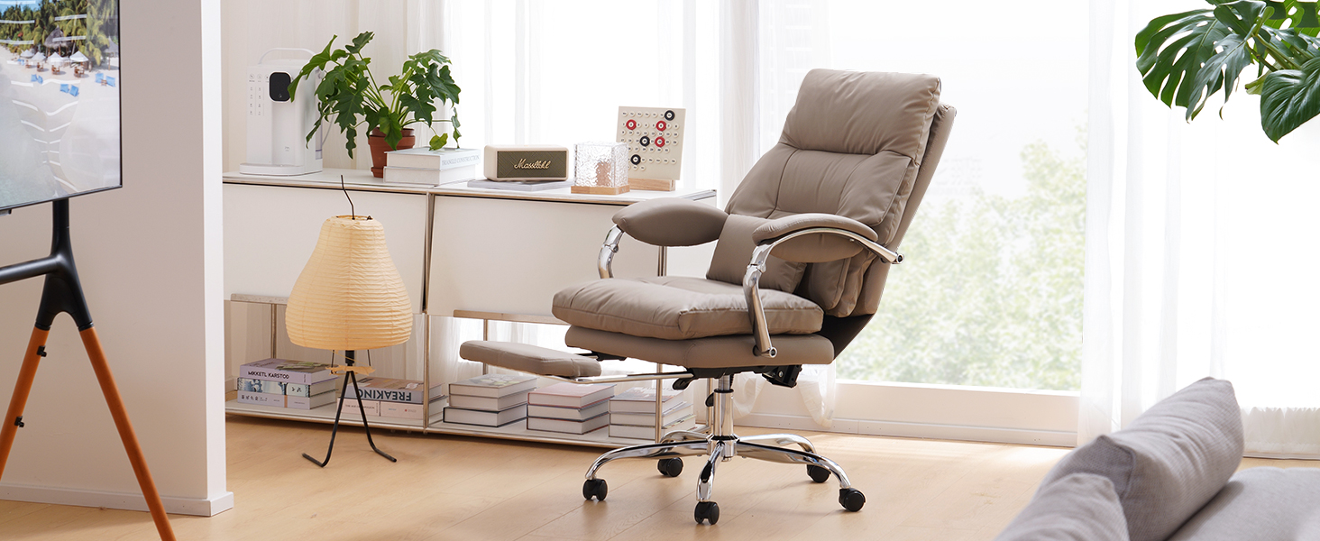 Офісний крісло EMIAH з підніжкою: ергономічний крісло для офісу та дому, з PU шкіри, підніжкою, підлокітниками та колесами. Підходить для роботи за комп'ютером та ігор. Колір: хакі. Без функції масажу.