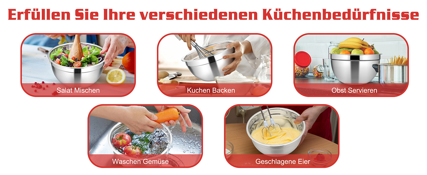 Набір мисок Homikit, 5 шт. з нержавіючої сталі, з кришкою та силіконовим дном, мультифункціональний, для салатів, 6.6L / 3.5L / 2.5L / 1.5L / 1L (червоний, з 3 тертками)