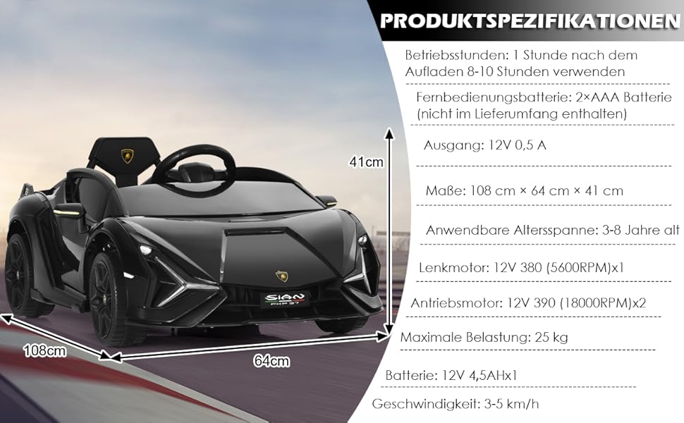 Дитячий електромобіль Lamborghini GOPLUS, з пультом керування, Bluetooth, USB, музика, 3–5 км/год, для дітей 3–8 років, білий/чорний