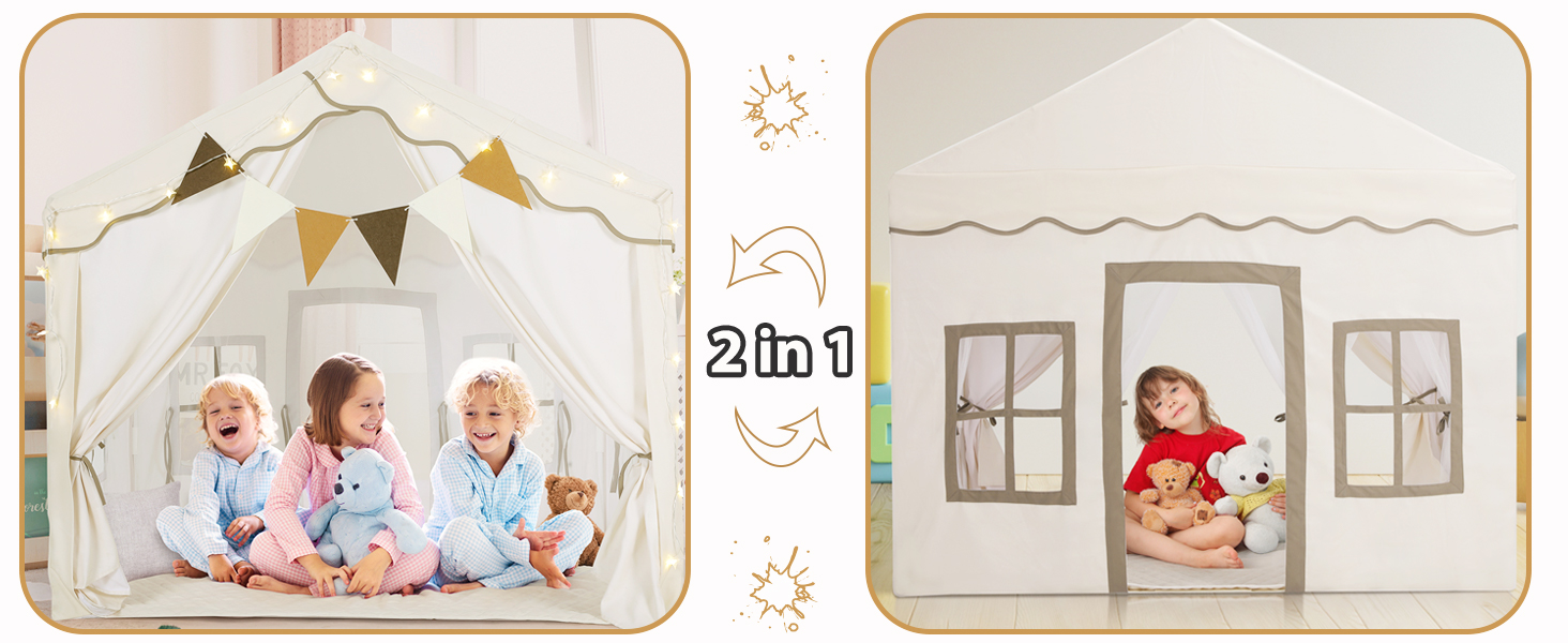 Дитячий намет MAMIZO для гри в приміщенні з килимком, прапорцями та світлом, 136x95x133 см. Ідеальний намет-ігровий будиночок для дітей, підходить для хлопчиків та дівчаток, кремового кольору.