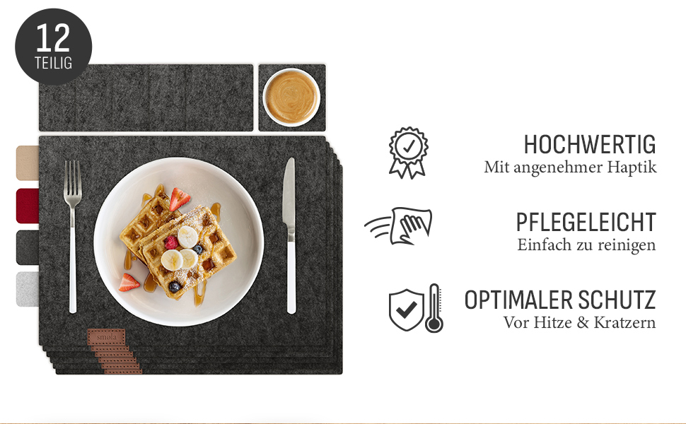 Набір з 12 елементів Smøla: преміальний фетровий набір для столу з підставками | Темно-сірий, миючий | Декор для столу, антрацит