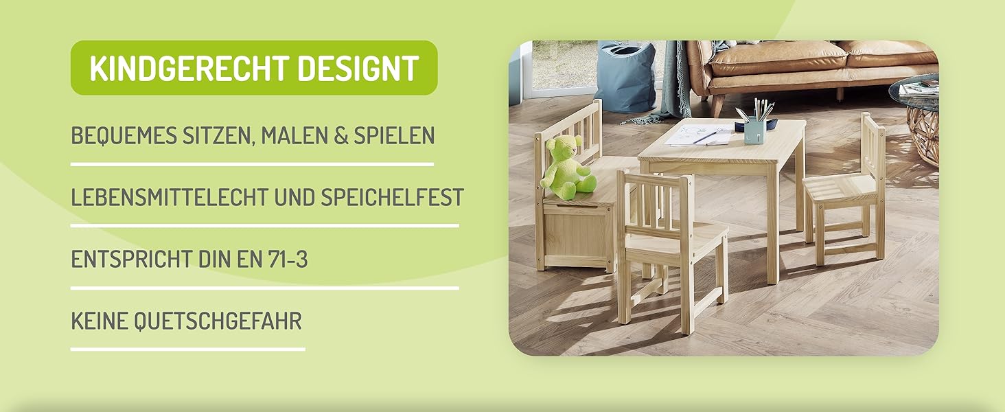 Дитячий меблевий набір Bomi Anna: стіл, 2 стільці та лавка-сховище | Меблі для дитячої кімнати з FSC сертифікованого дерева | Білий