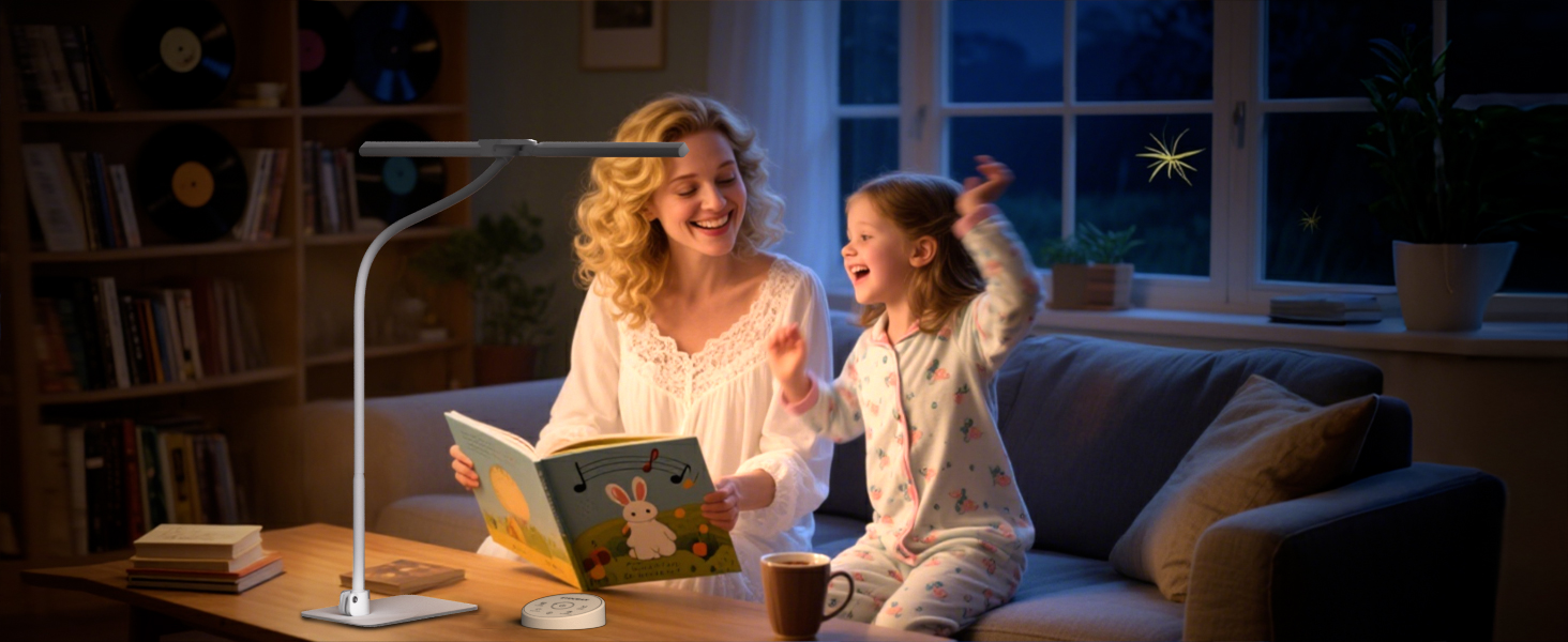Стіл лампа з двома головками для дітей, захист очей, 16W, 72см, денне світло, диммування, пульт ДУ, лебединий шийка, матовий білий
