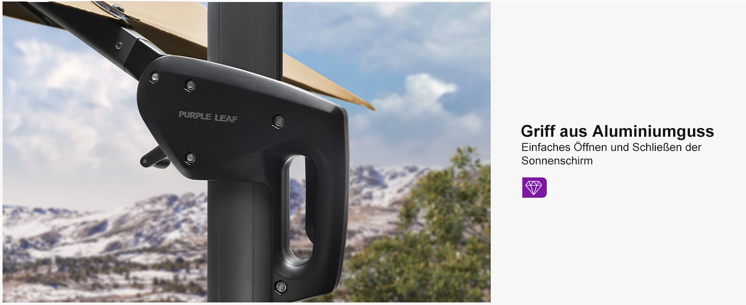 Парасолька від сонця PURPLE LEAF 350x350 см, велика садова парасолька-амбрела з рукою-користувачем, поворотом на 360° та хрестовиною, бежева, для тераси та балкона