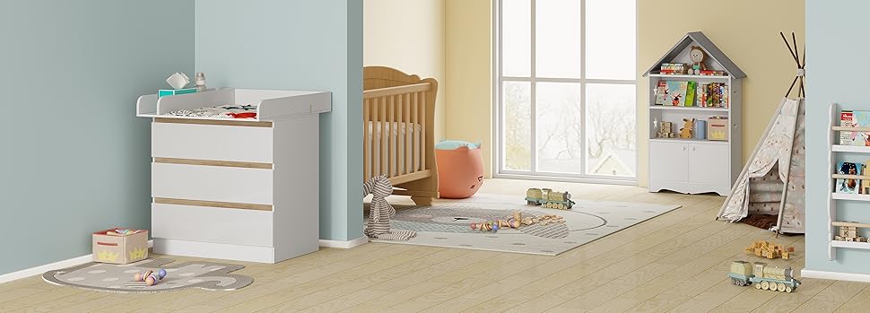 Комод для переодягання з пеленальним столиком WOLTU, 3 шухляди, білий+дуб, захист від перекидання, 86 см