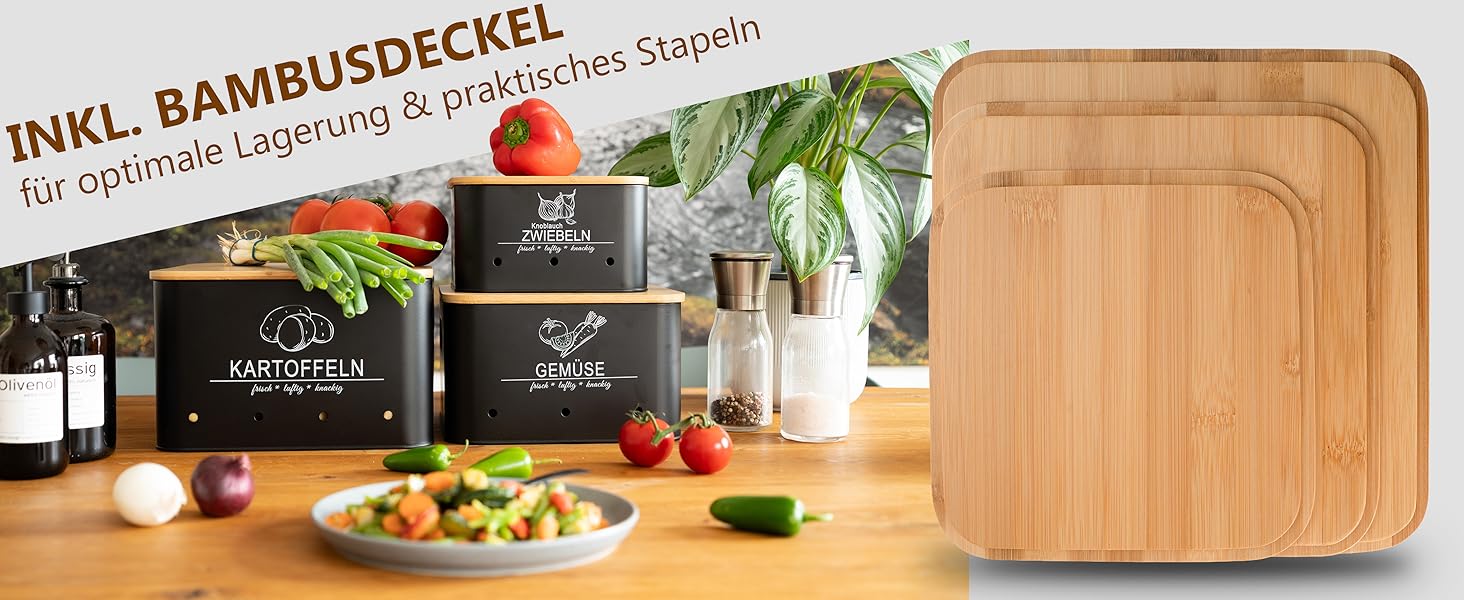 Коробки для зберігання картоплі та овочів MNKsolution (3 шт.) - Чорні контейнери для картоплі, овочів, цибулі та часнику - Органайзер для кухні