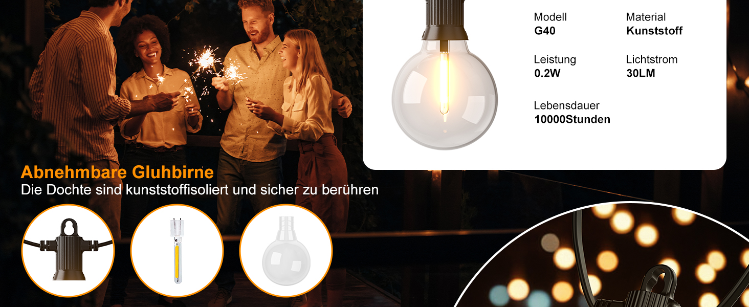 Льотна гірлянда Kawaya 10 метрів, LED, для вулиці, з 15+1 лампочками, IP65, вологостійка, тепле світло, для балкона, тераси, саду, вечірки, вологостійка