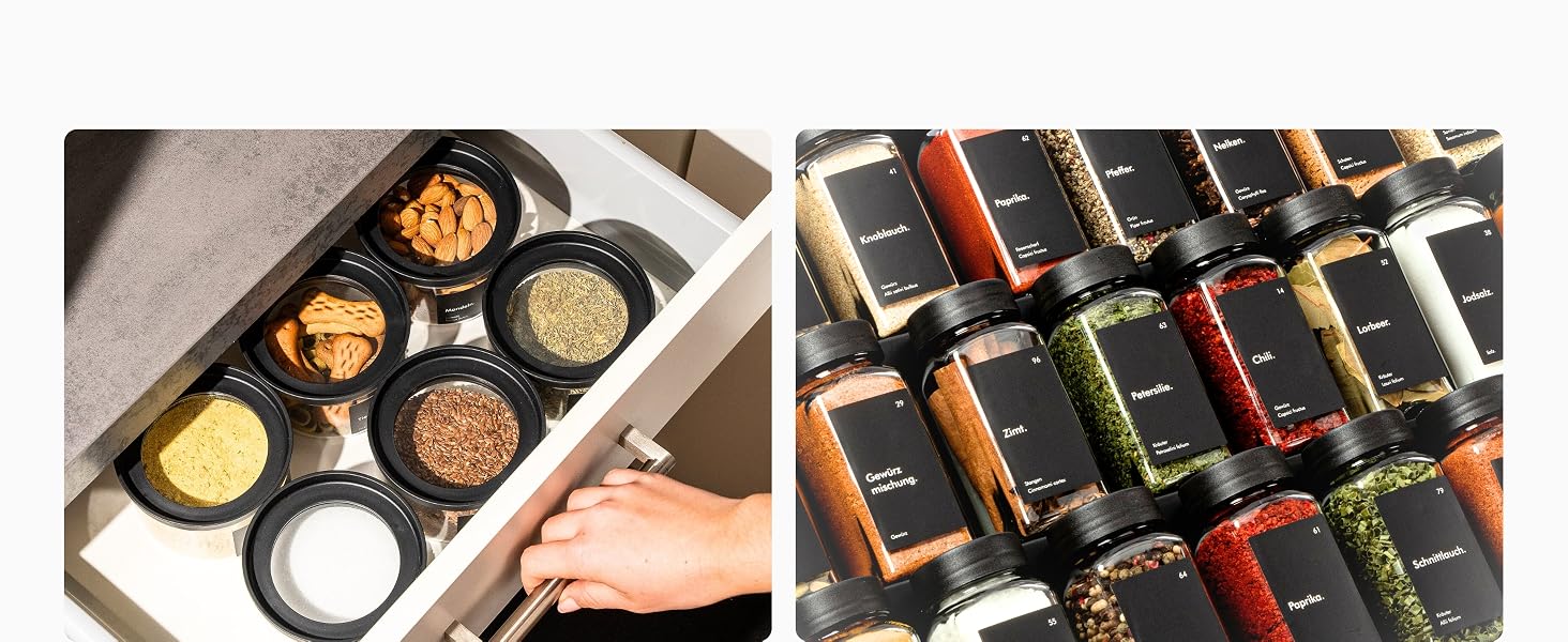 Набір скляних герметичних контейнерів для зберігання продуктів KIVY, квадратні, з кришками та етикетками, чорні, 12 шт.
