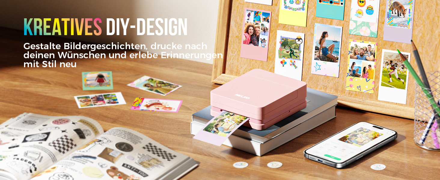 Портативний міні-фотопринтер Nelko PP01: кольоровий, для смартфонів iOS & Android, з 20 фотопапером, наклейки, рожевий