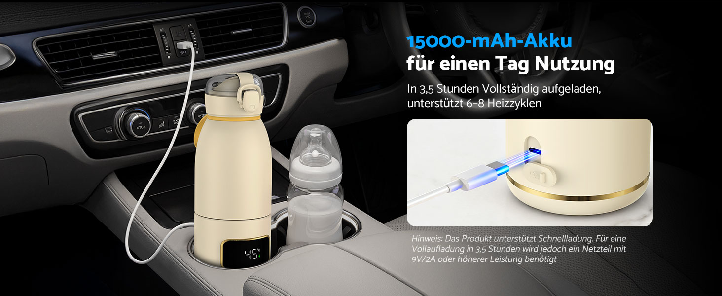 eSynic Підігрівач для пляшечок 450 мл з акумулятором 15000mAh, нержавіюча сталь 316, швидкий нагрів за 2-3 хв, для грудного молока та води, USB-C, BPA-free, для подорожей та нічного годування