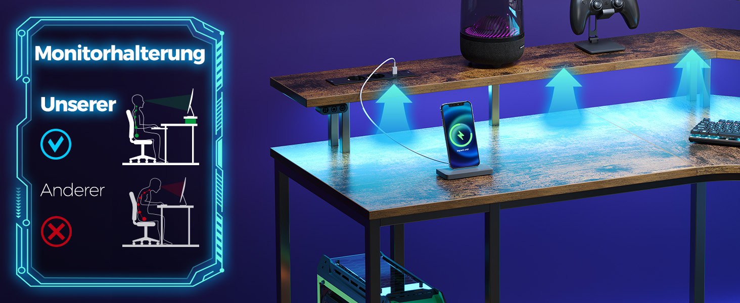 Ігровий кутовий стіл Seventable L-подібної форми з LED підсвіткою та розетками, 3 висувні ящики, стіл для дому та геймінгу, 135x135x88 см (Вінтажний коричневий)