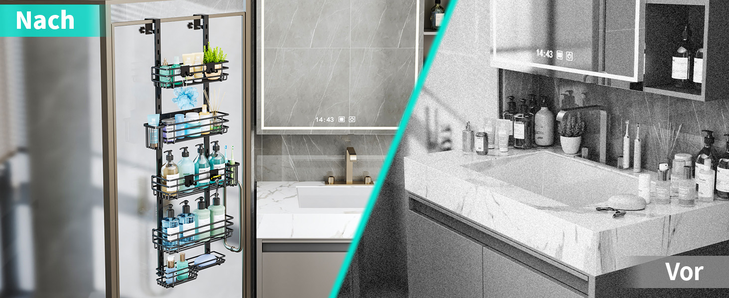 Дзеркальна поличка для душу HapiRm на двері з 22 гачками та тримачами для зубних щіток - 5 ярусів (Чорний)