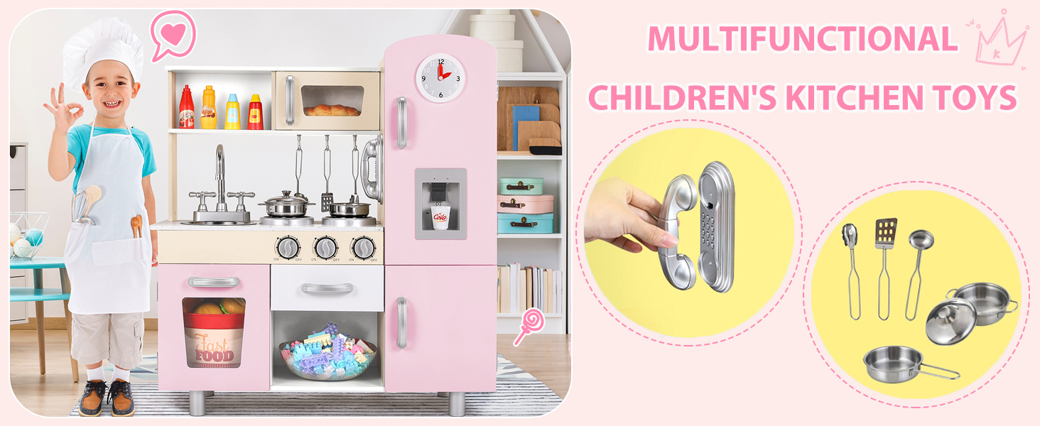 Дерев'яна дитяча кухня Mamizо з аксесуарами, 81x74x30 см, світло та звук, для дітей від 3 років, біло-рожева