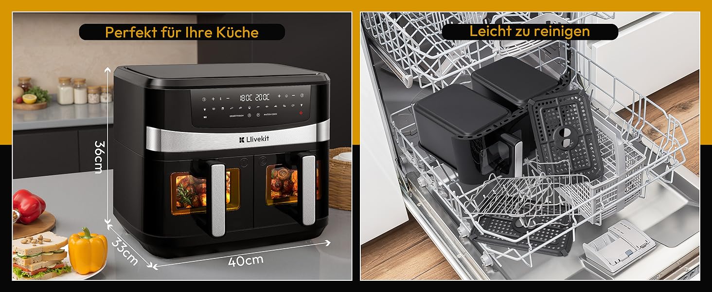 Аерофритюрниця LLIVEKIT з двома камерами 2x4,5л (10л), 8 програм, 4D конвекція, функція Sync-Finish, чорна