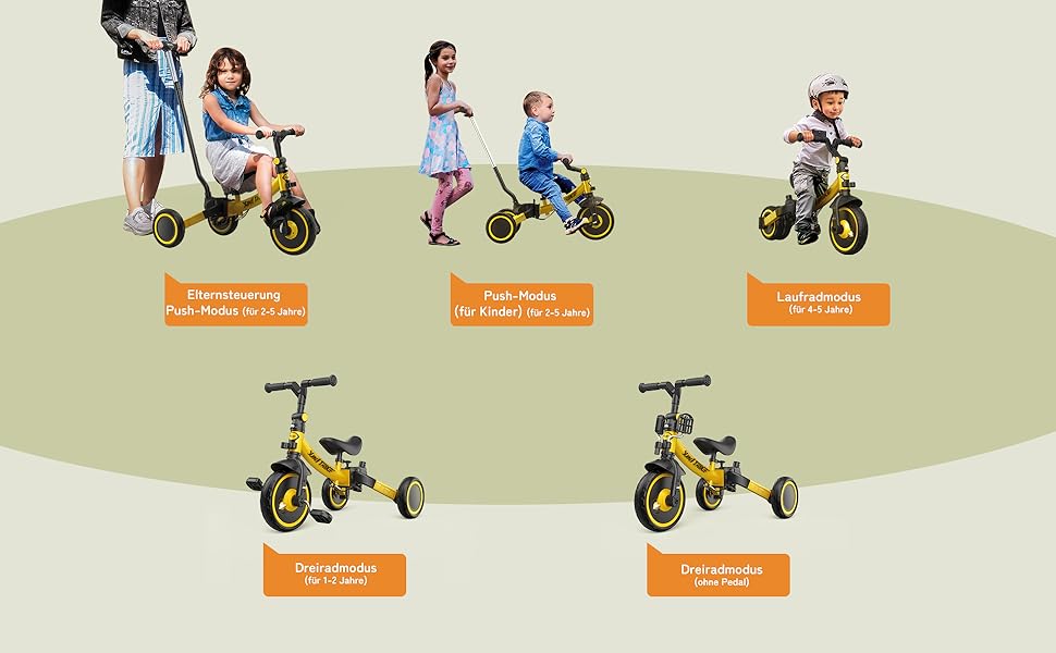 Бесрей 5-в-1 Дитячий Біговел, Триколісний Велосипед для Малюків 1-4 Років (Жовтий з Ручкою)