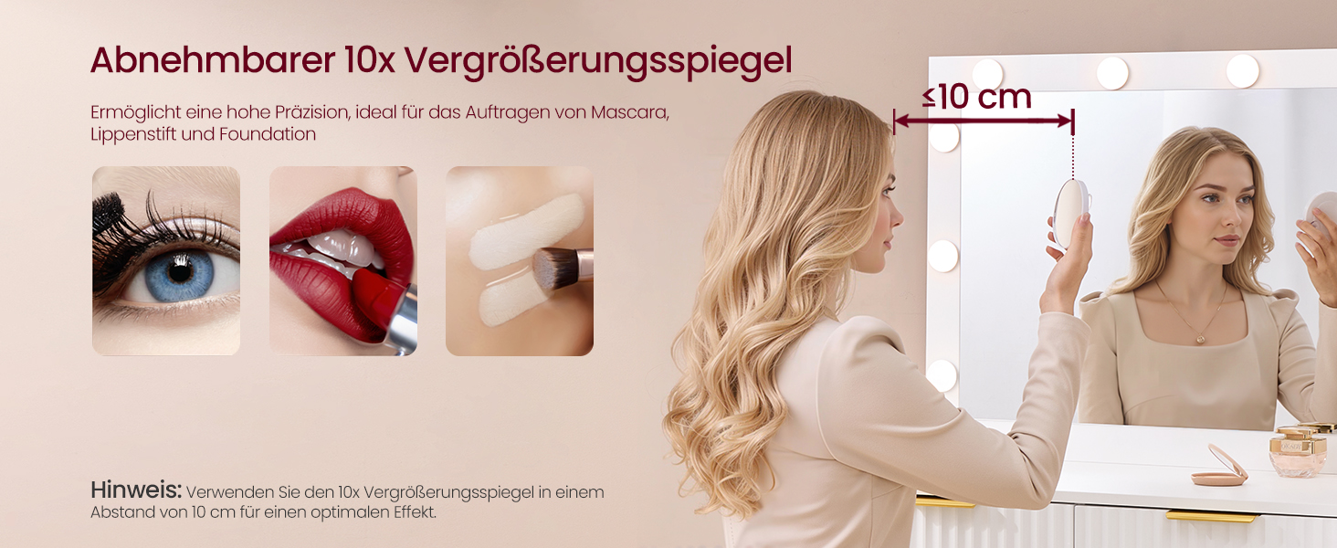 Дзеркальний туалетний столик VASAGLE з пуфом та 10x збільшенням, LED-підсвічуванням, ящиками та станцією для зарядки, 40 x 110 x 135 см, білий