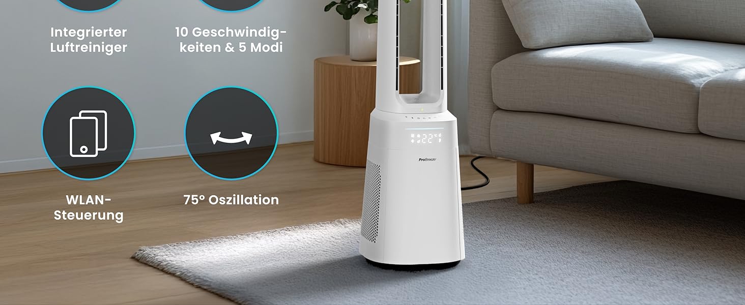 Вентилятор Pro Breeze OmniAir з очищувачем повітря, 105 см, осциляція 75°, пульт ДУ, HEPA 13, LED дисплей, 10 швидкостей, тихий, 5 режимів, Smart App