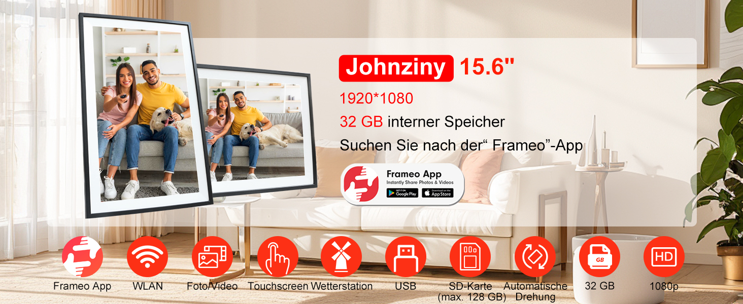Цифровий фоторамка Frameo 15.6 дюймів: Wi-Fi, FHD IPS сенсорний екран, 32GB, автоматичне обертання, віддалене завантаження фото та відео, кріплення на стіну