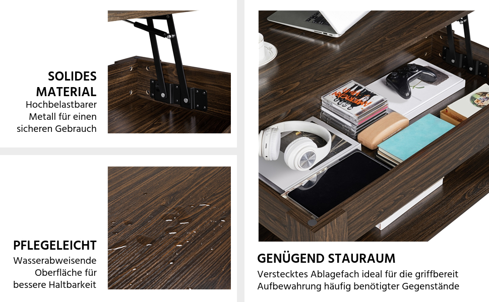 Журнальний столик Yaheetech з регульованою висотою та прихованим місцем для зберігання, 98 x 50 x (42-56) см, колір еспресо