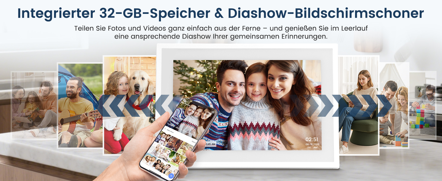 Цифрова фоторамка Frameo 10.1 дюймів WLAN, Full HD IPS сенсорний екран 1280x800, 32ГБ пам'ять, автоматичний поворот, можливість монтажу на стіну, керування через додаток Frameo (Білий)