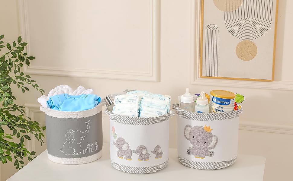 Набір кошиків для зберігання 3 шт. плетені кошики для іграшок, білизни, дитячий органайзер для іграшок, одягу, м'яких іграшок, місткі та надійні кошики (Kronen-Elefant)