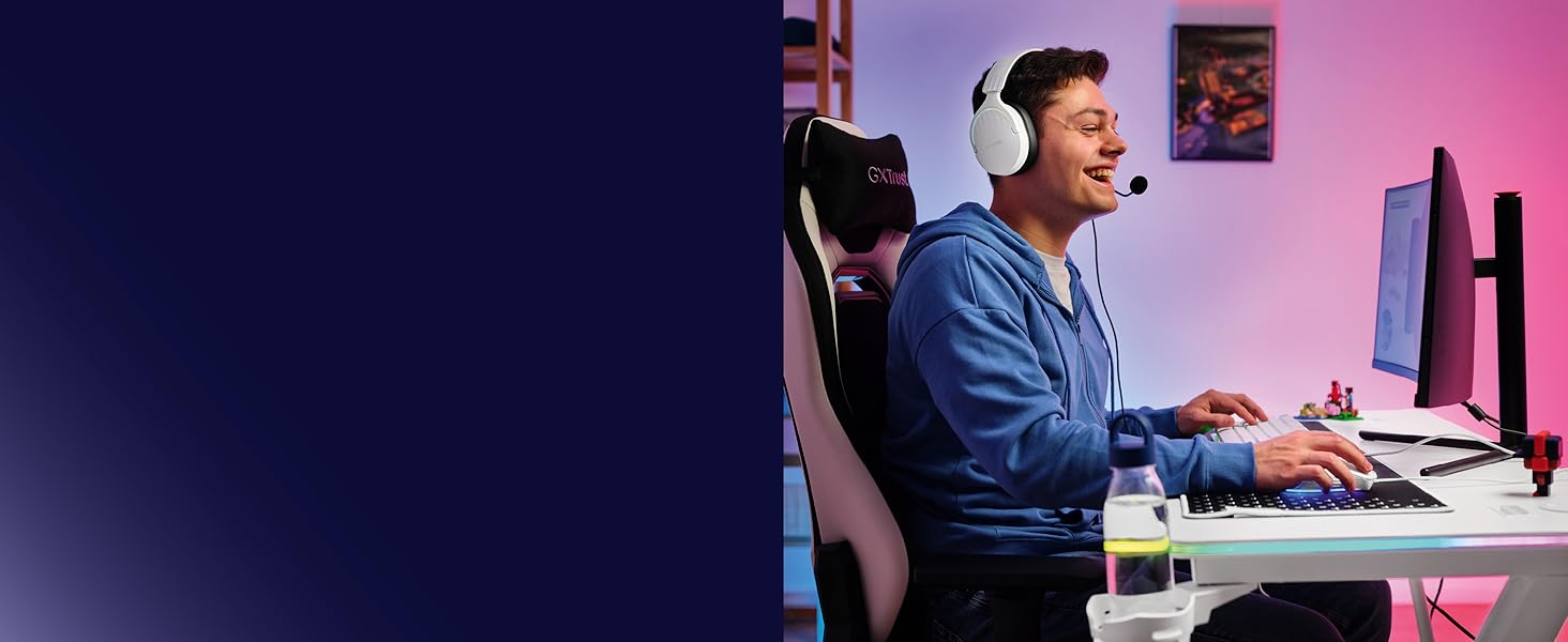 Ігровий стіл Trust Gaming GXT 709W Luminus RGB з підсвічуванням LED, 10 режимів, USB, білий, з тримачем для навушників та напоїв, 120 x 60 см