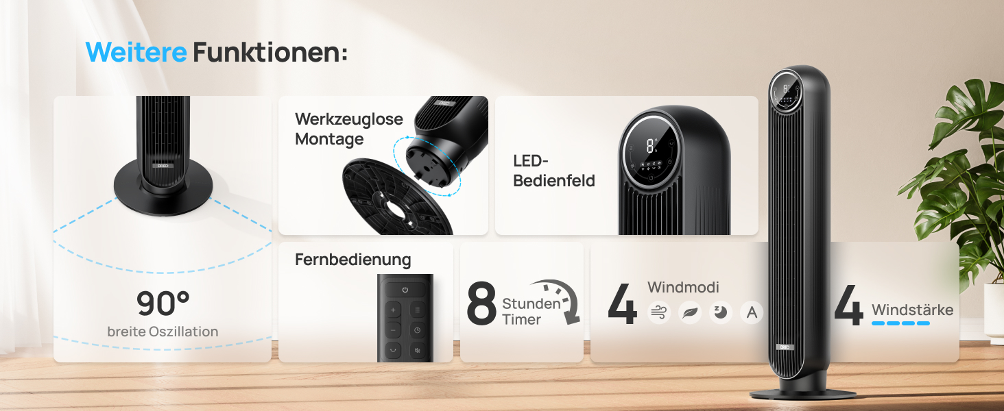 Dreo Smart Tower Fan - Безшумний вентилятор з керуванням через додаток та голосовим управлінням, 90° обертання, 4 режими, 4 швидкості, таймер 8 годин, Nomad One S, чорний