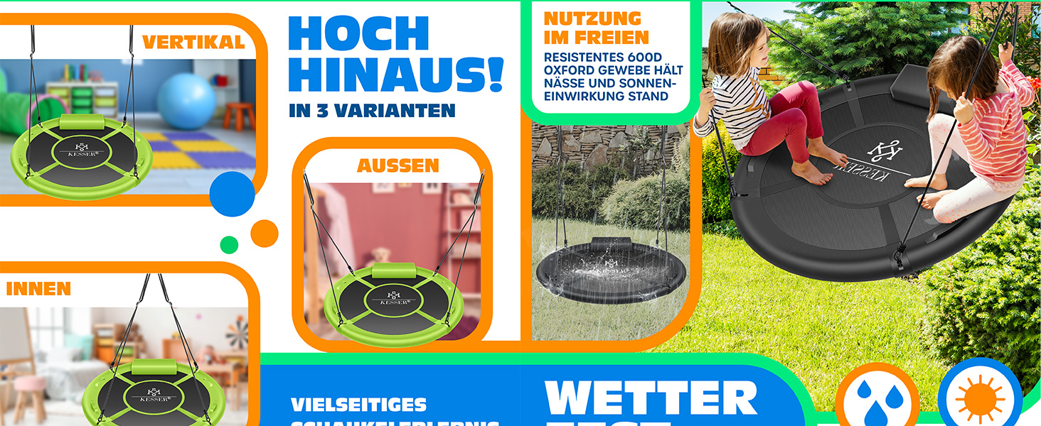 Шоукель KESSER® Tellershaukel Ø 120cm, до 300кг, з подушкою та 4 ручками, регульована, для дітей та дорослих, Indoor & Outdoor, кольорова