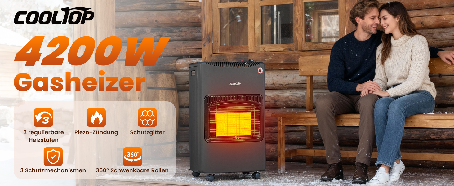 Газовий обігрівач Cooltop 4200W з керамічним нагрівачем, для дому, на бутан/пропан, без балончика, з регулятором та шлангом (чорний)