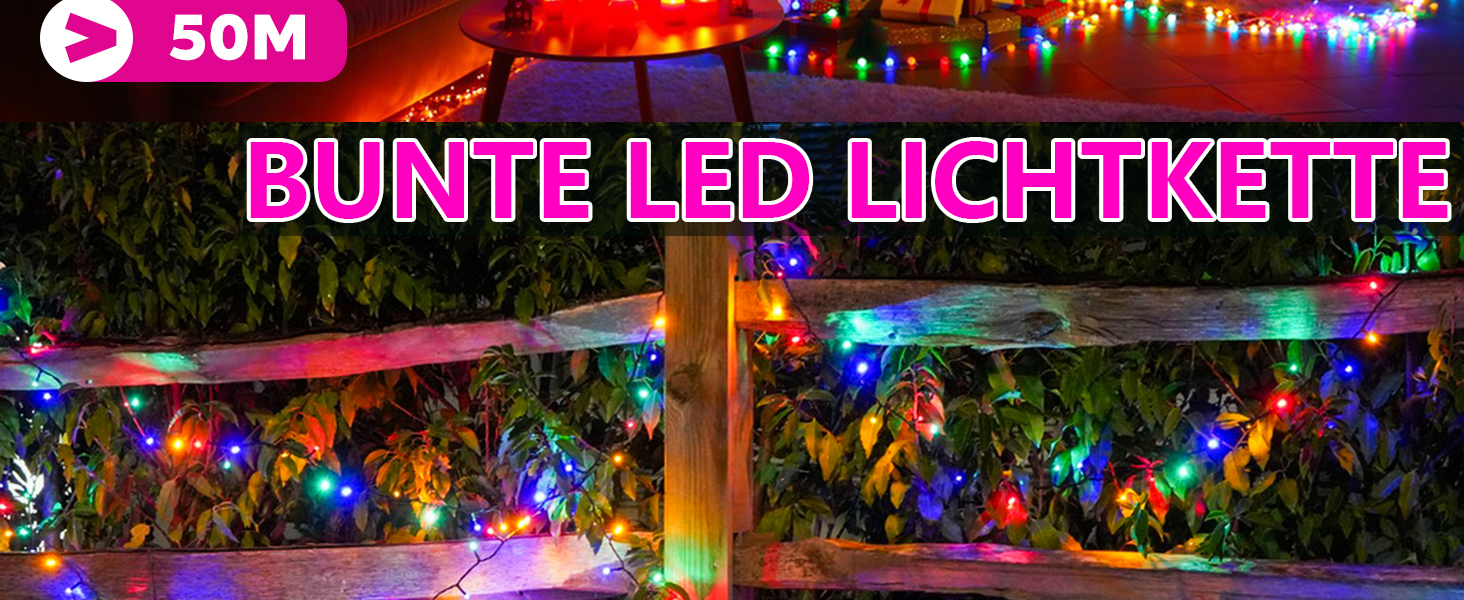 Кольорова світлодіодна гірлянда 1000 LED 50м для вулиці та дому, 8 режимів, таймер, диммер, IP44 — Різдвяна ілюмінація для балкона та тераси