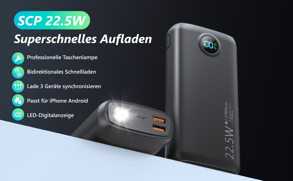 Дисплей, ліхтарик, для смартфона/планшета, 27000mAh, 22.5W PD3.0 QC4.0, USB-C, LED